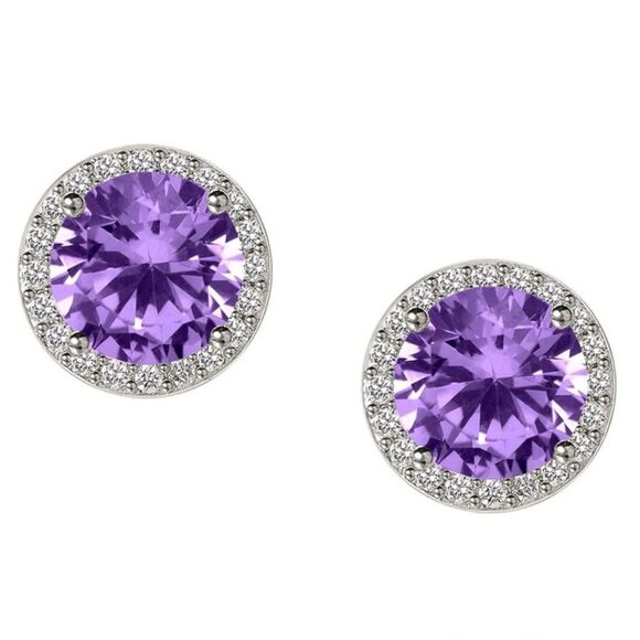 925 Sterling Silver with Purple Amethyst and Diamond CZ Round Halo Stud Earrings